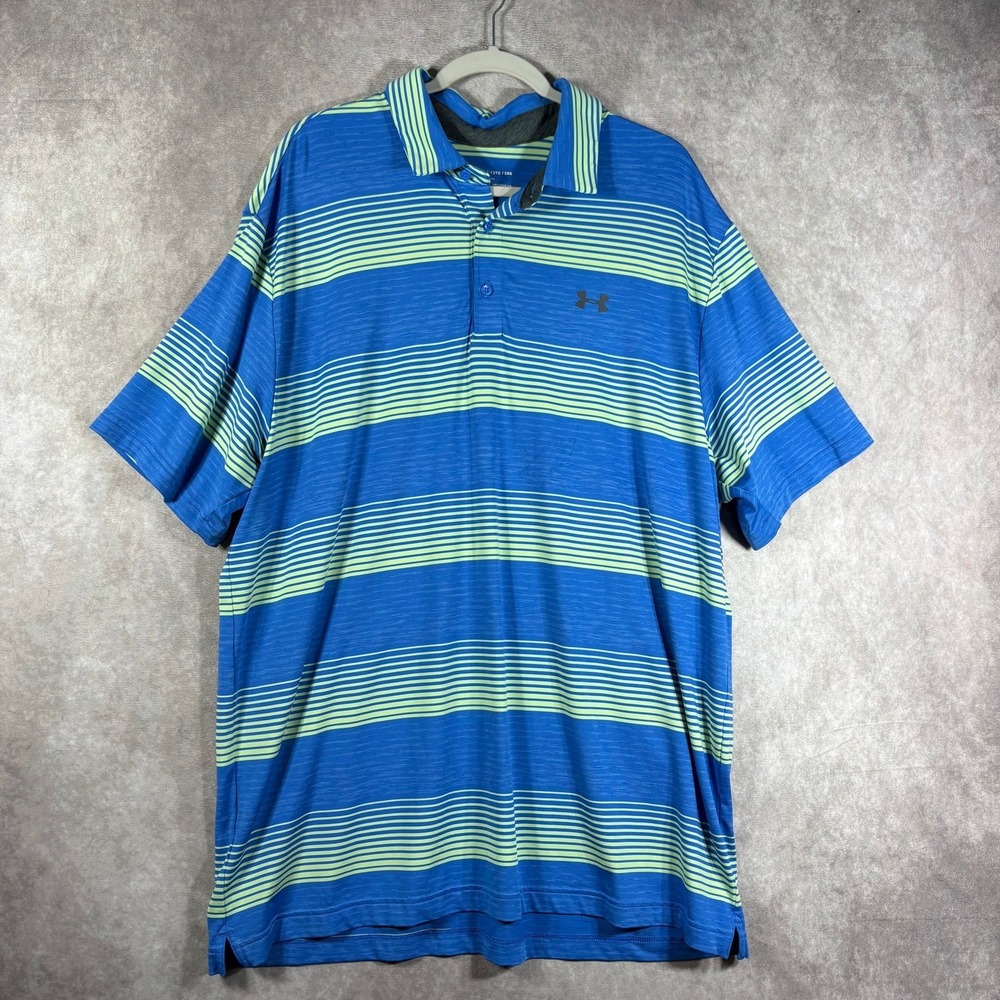 Under Armour‎ Polo Shirt Mens Size 2XL Blue Yellow Striped Loose Fit HeatGear